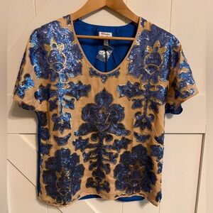 New Tracy Reese Neiman Marcus Target Collab Blue and Gold Tan Sequin Blouse Med
